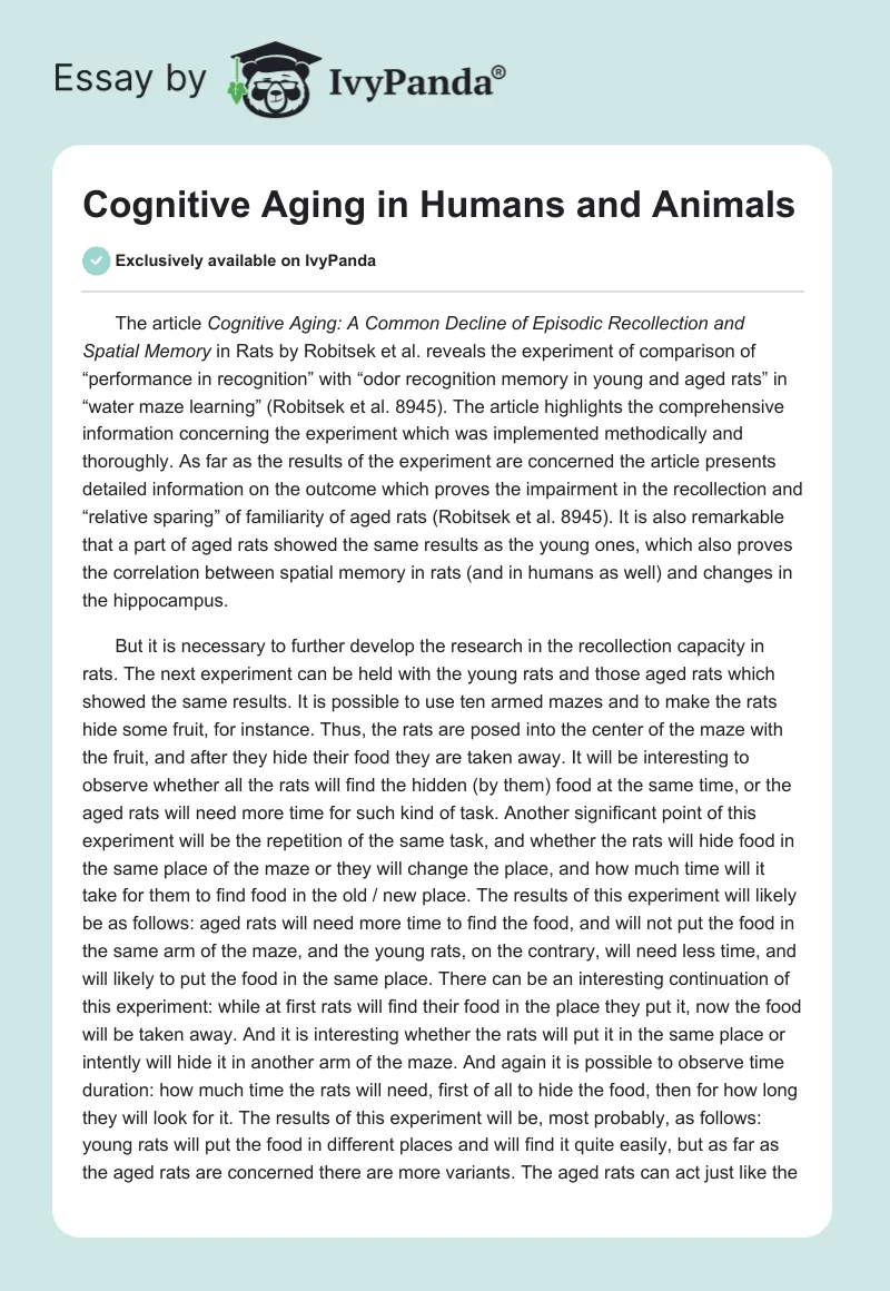 Cognitive Aging in Humans and Animals. Page 1