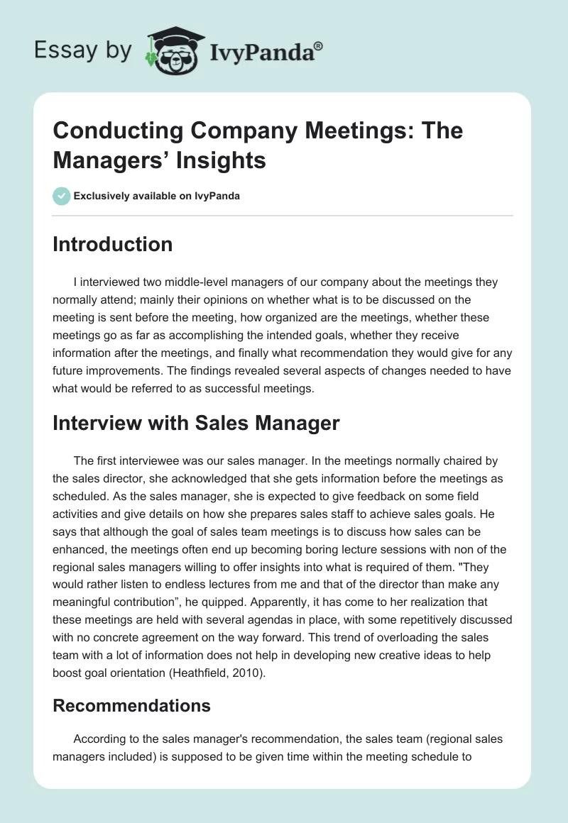 Conducting Company Meetings: The Managers’ Insights. Page 1