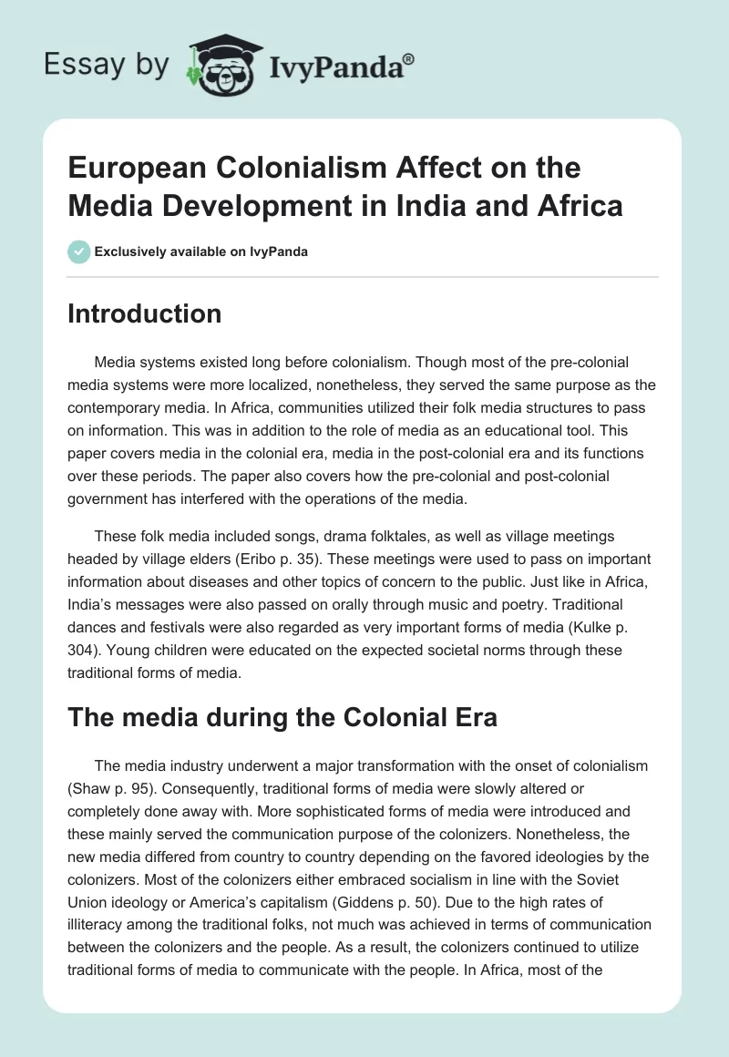 European Colonialism Affect on the Media Development in India and Africa. Page 1