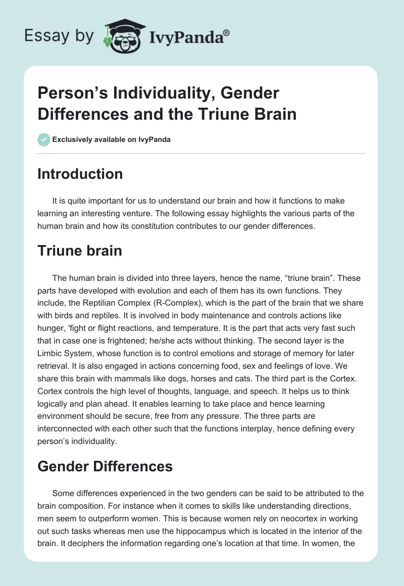 Person’s Individuality, Gender Differences and the Triune Brain. Page 1