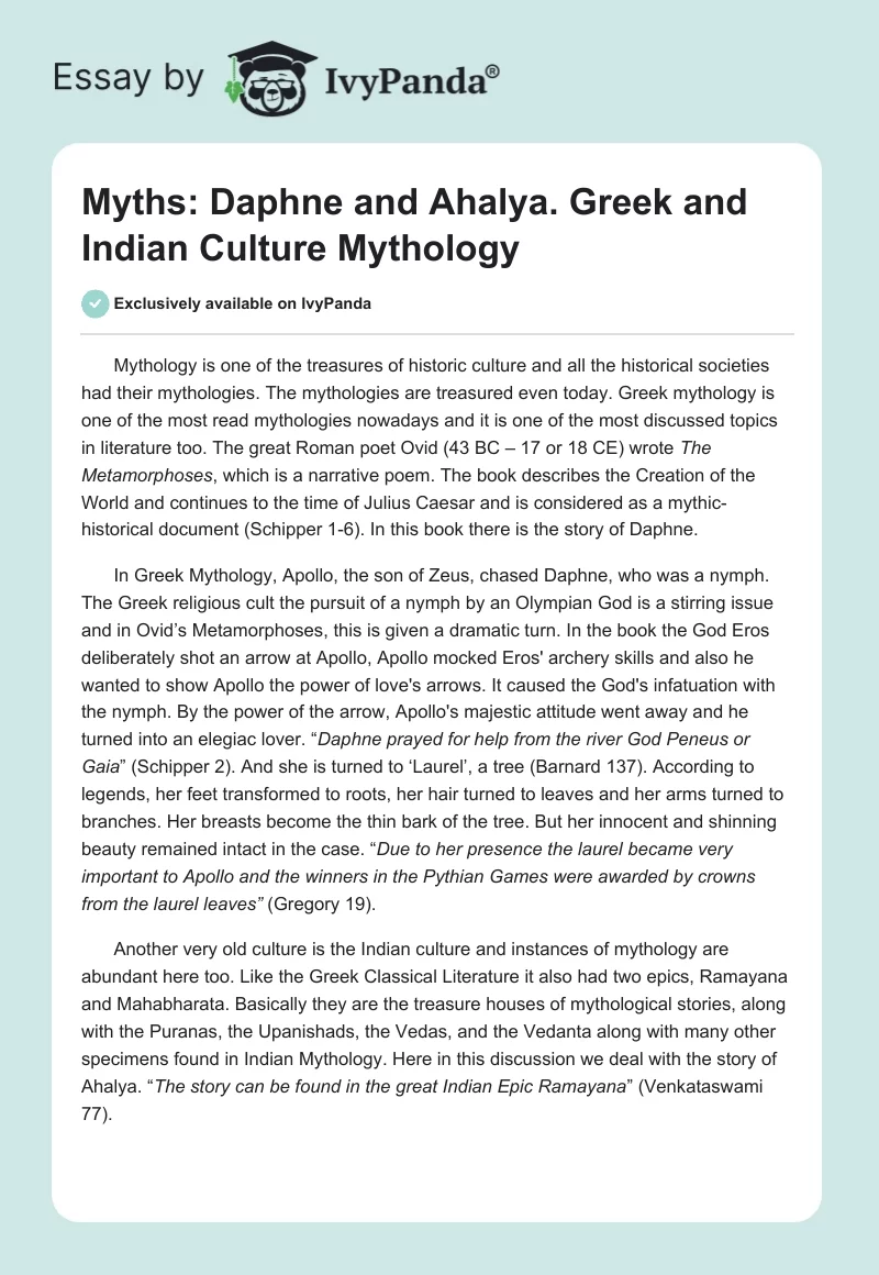 Myths: Daphne and Ahalya. Greek and Indian Culture Mythology. Page 1