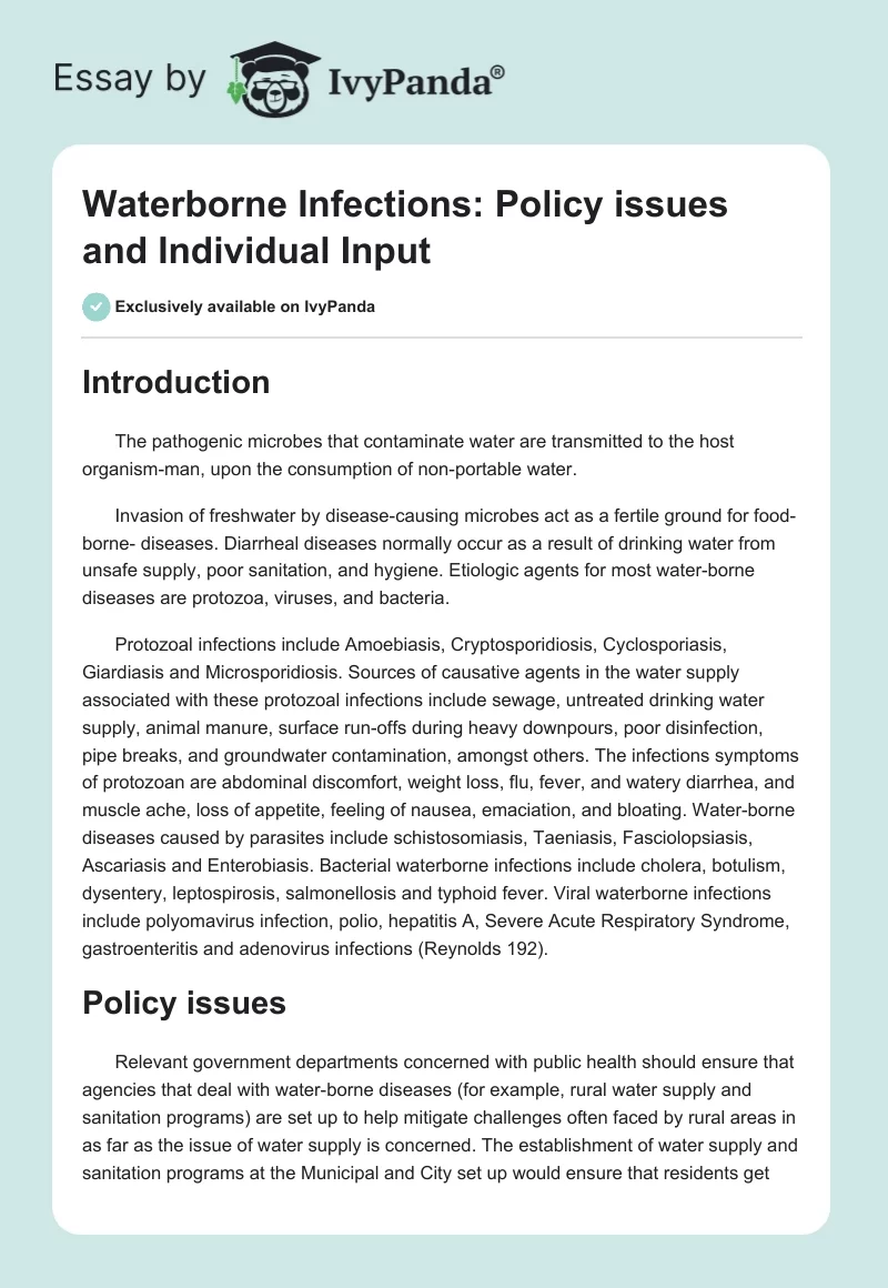 Waterborne Infections: Policy issues and Individual Input. Page 1