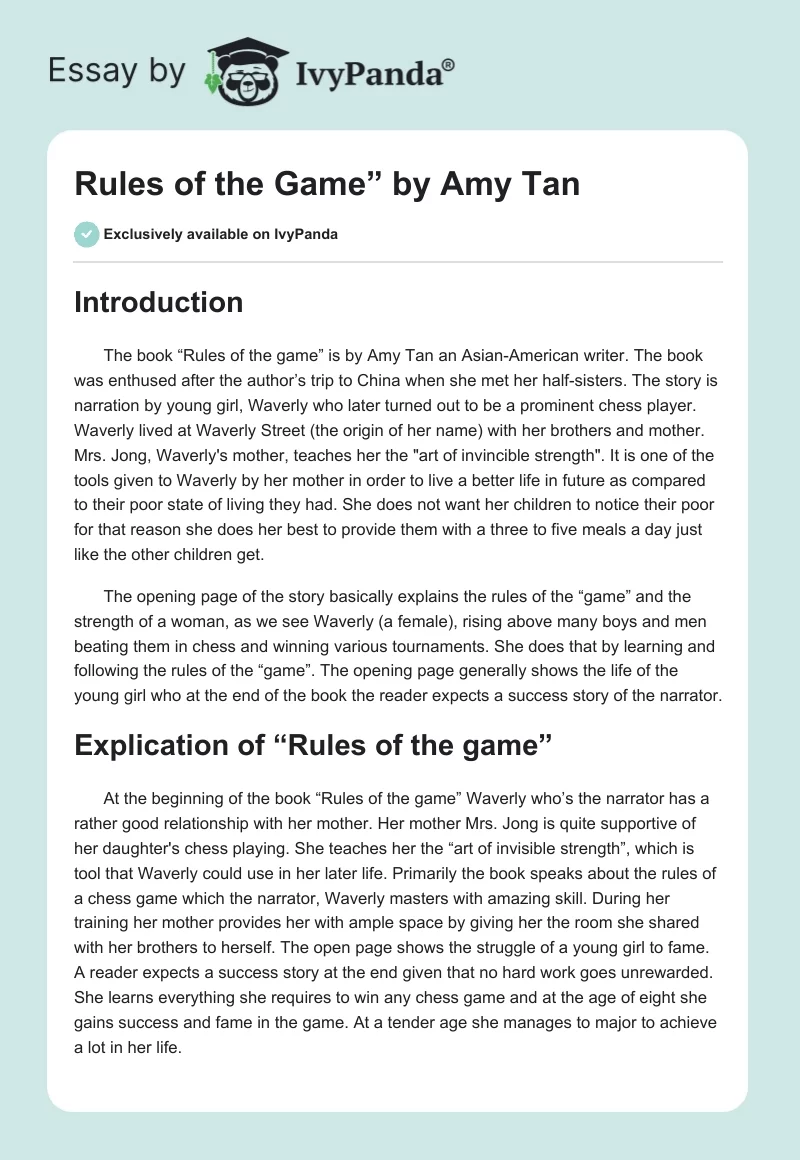 "Rules of the Game” by Amy Tan. Page 1