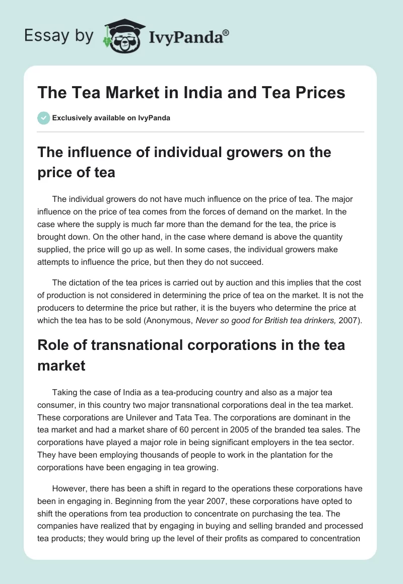 The Tea Market in India and Tea Prices. Page 1