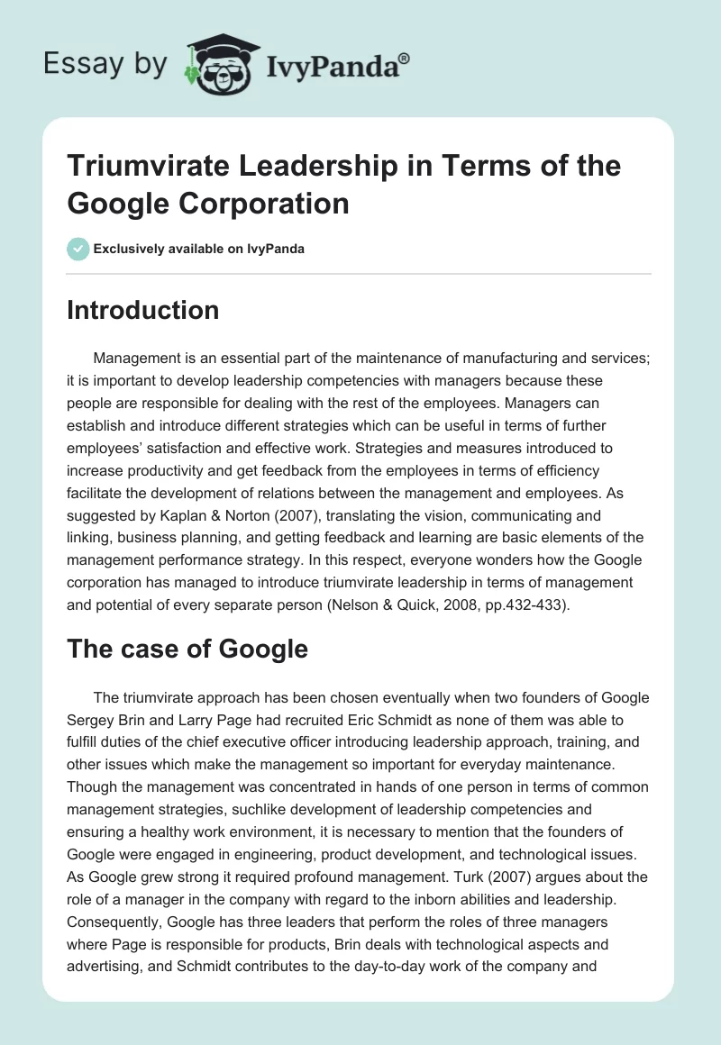 Triumvirate Leadership in Terms of the Google Corporation. Page 1