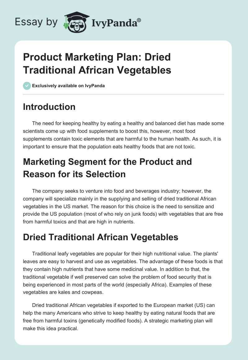 Product Marketing Plan: Dried Traditional African Vegetables. Page 1