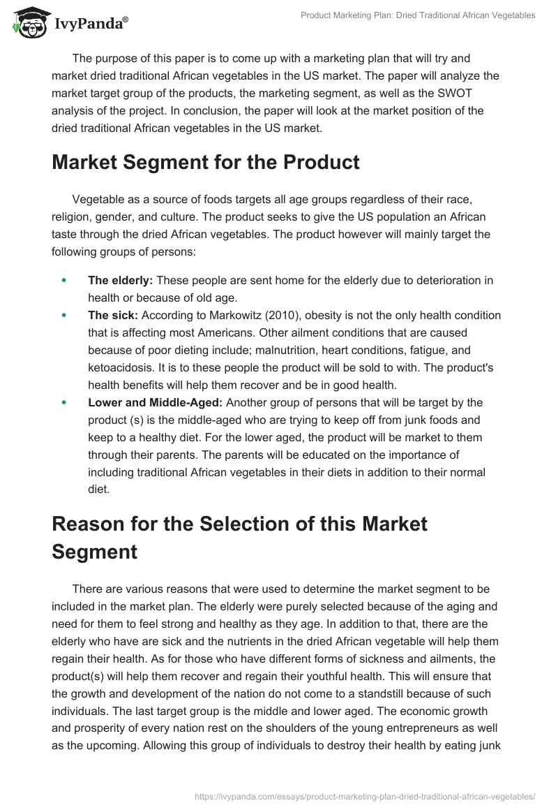 Product Marketing Plan: Dried Traditional African Vegetables. Page 2