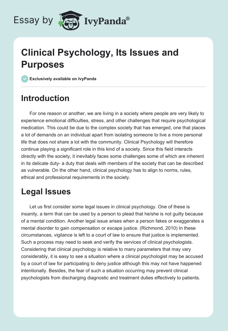 Clinical Psychology, Its Issues and Purposes. Page 1