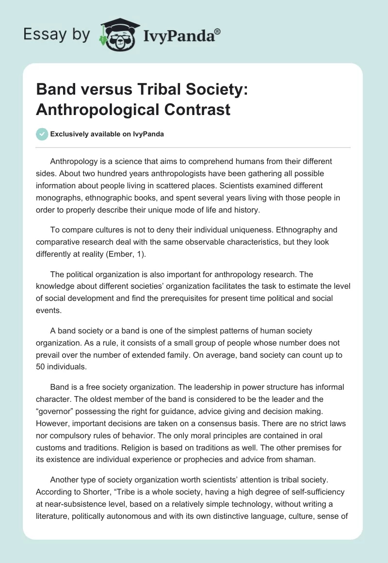 Band versus Tribal Society: Anthropological Contrast. Page 1