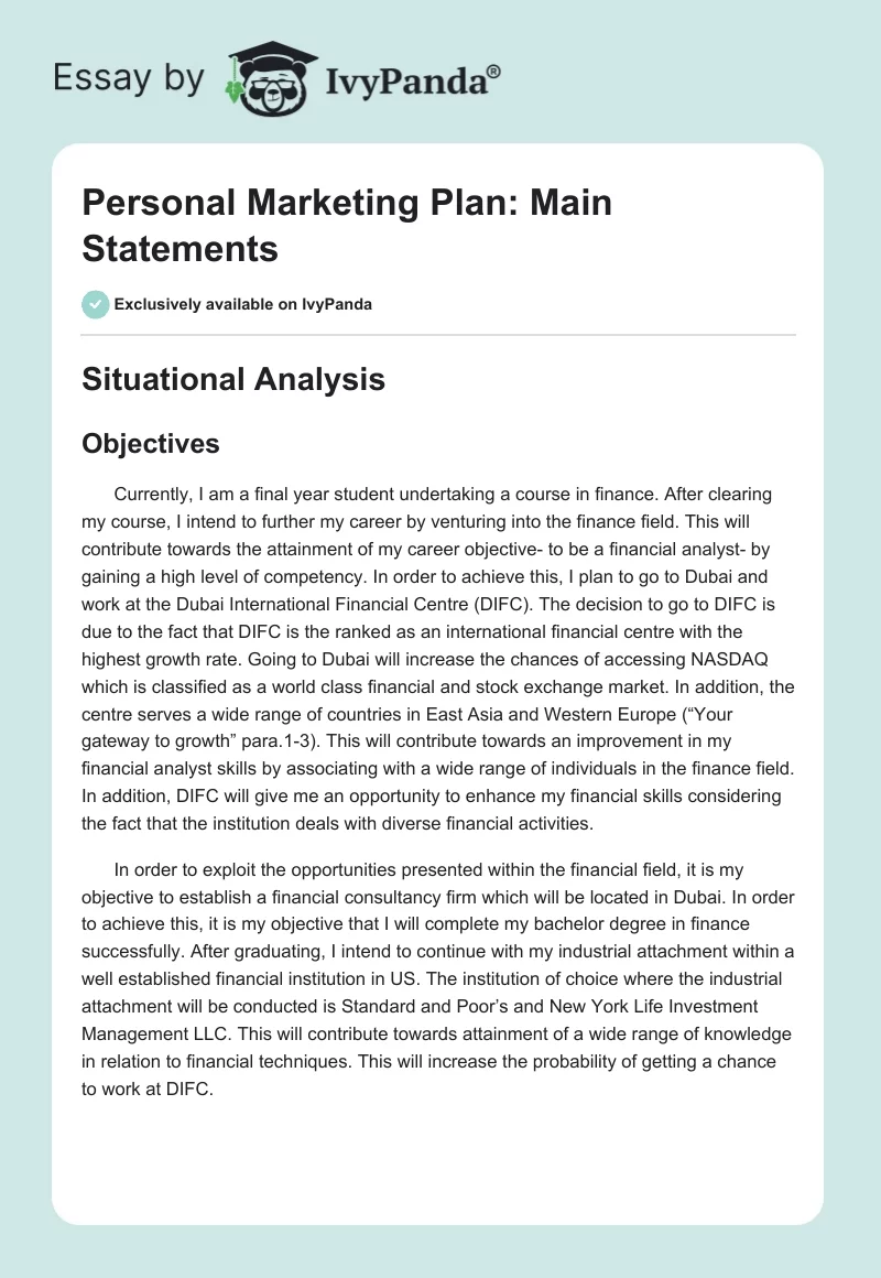 Personal Marketing Plan: Main Statements. Page 1