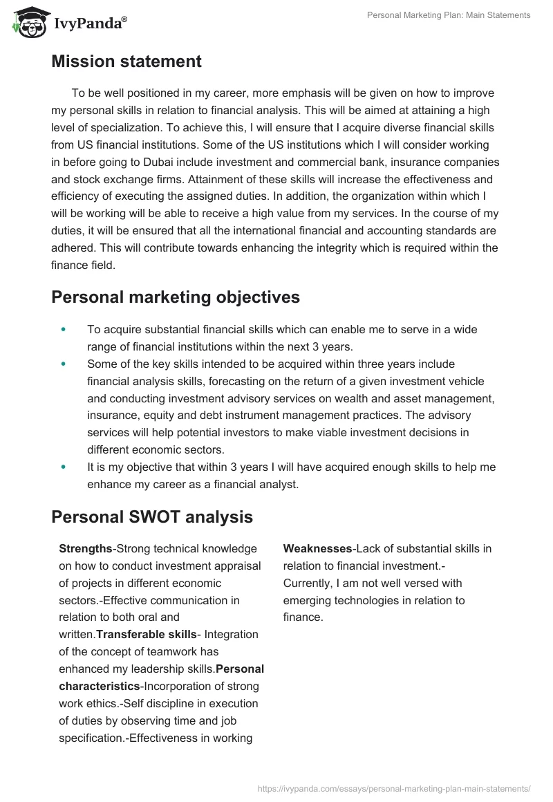 Personal Marketing Plan: Main Statements. Page 2