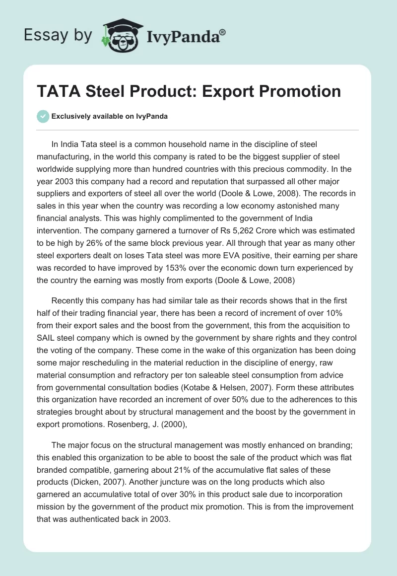 TATA Steel Product: Export Promotion. Page 1