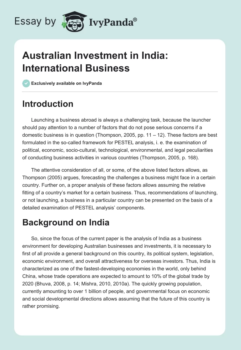 Australian Investment in India: International Business. Page 1
