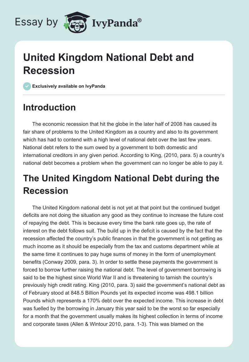 United Kingdom National Debt and Recession. Page 1