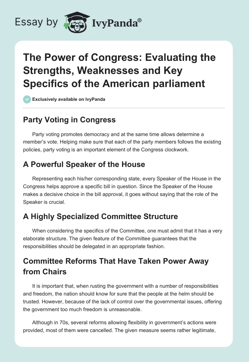 The Power of Congress: Evaluating the Strengths, Weaknesses and Key Specifics of the American Parliament. Page 1