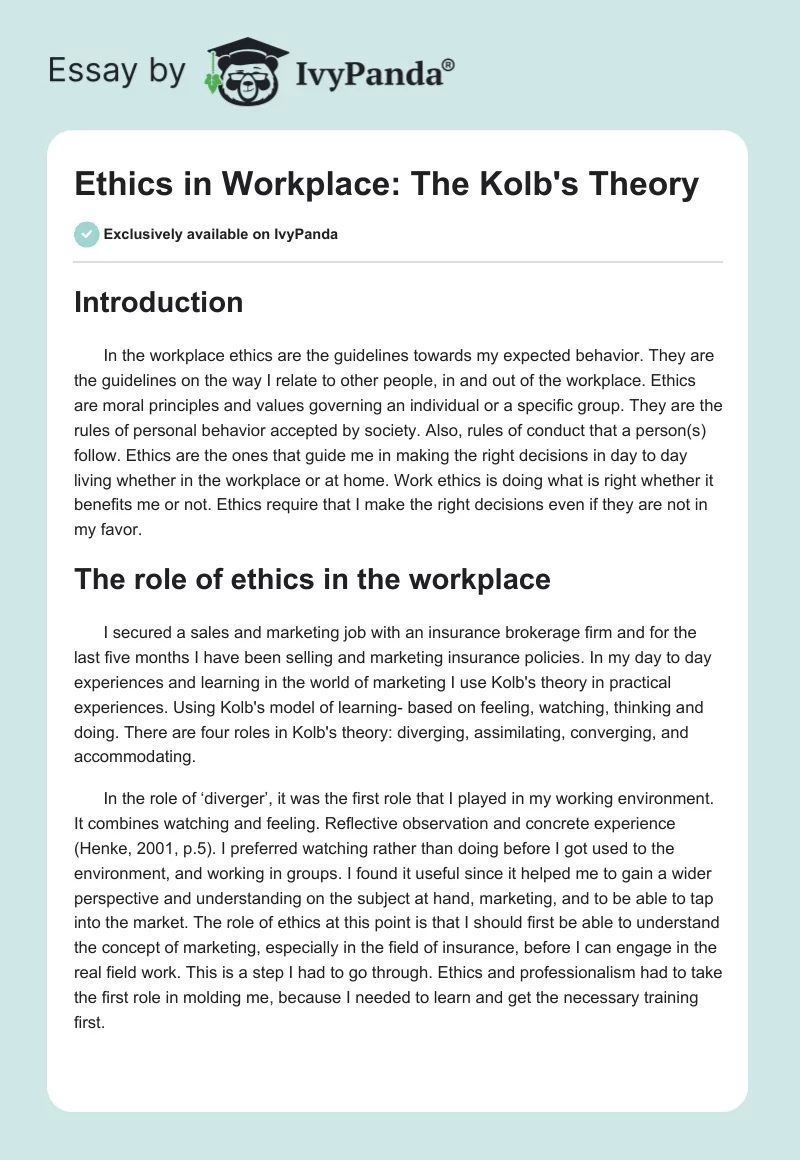 Ethics in Workplace: The Kolb's Theory. Page 1
