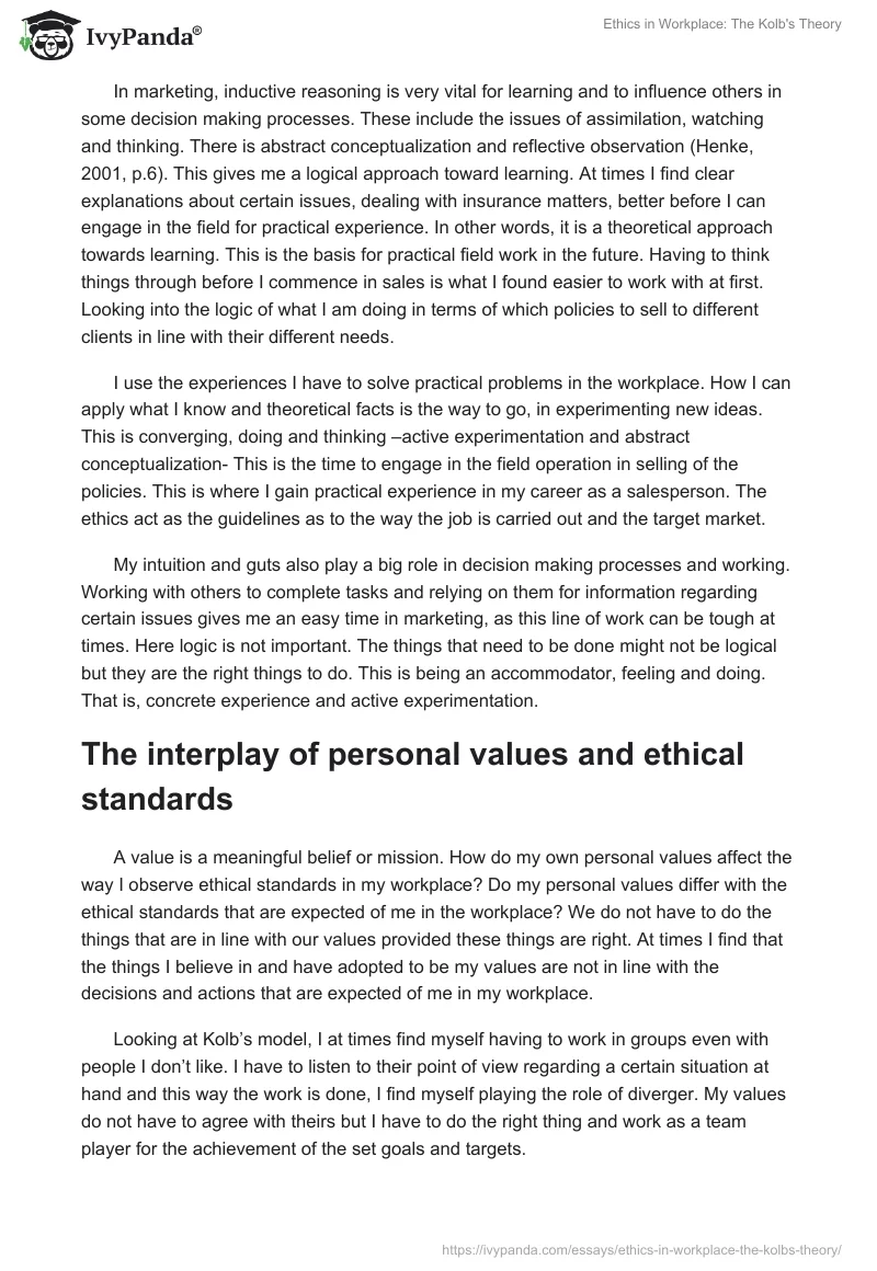 Ethics in Workplace: The Kolb's Theory. Page 2