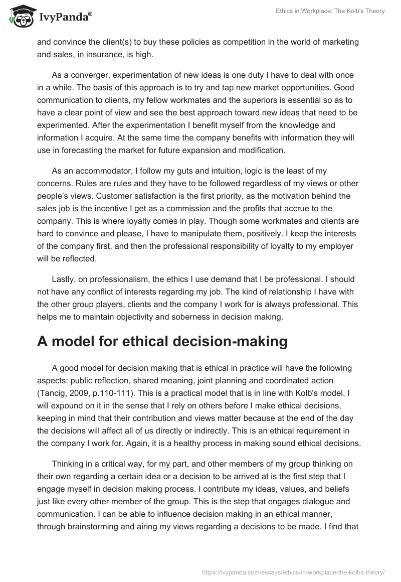 Ethics in Workplace: The Kolb's Theory. Page 4