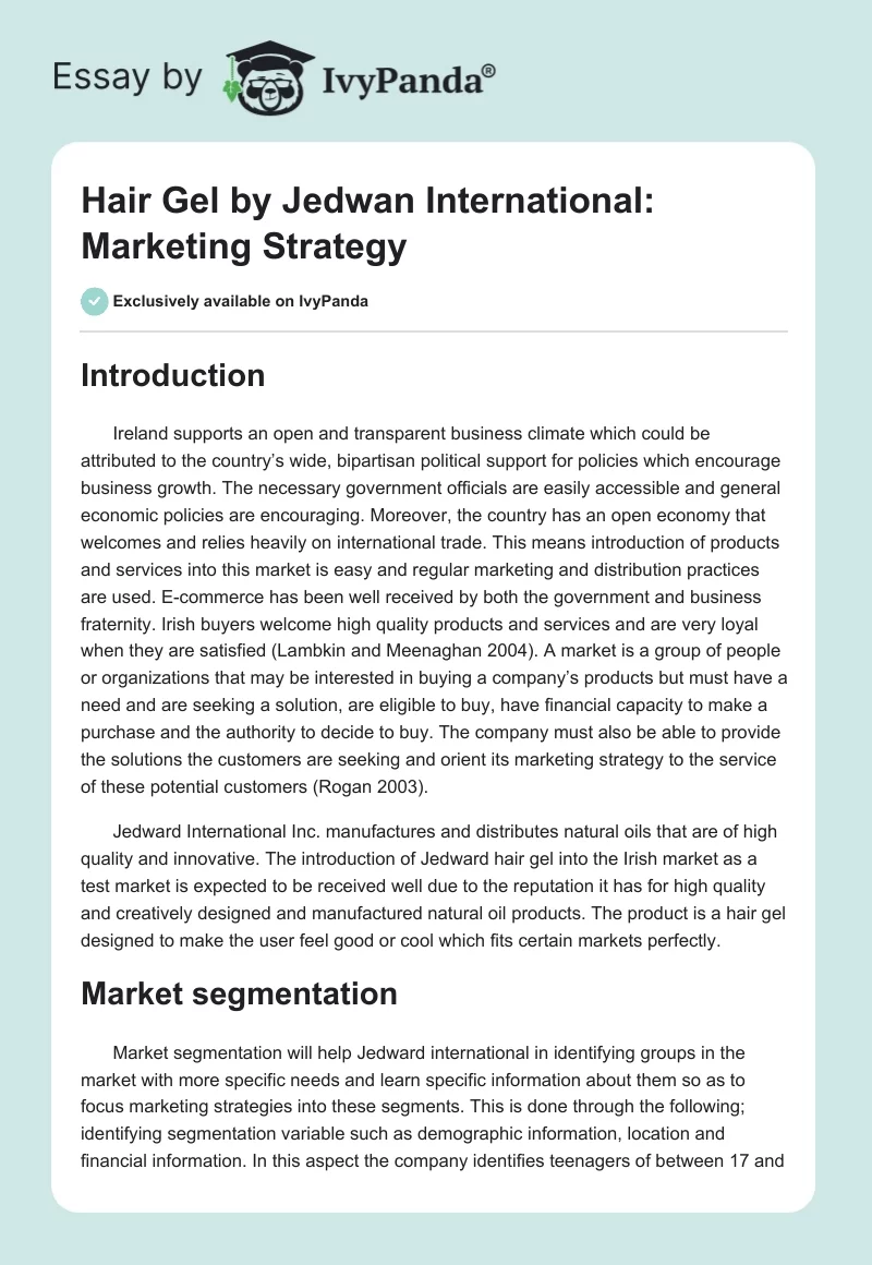 Hair Gel by Jedwan International: Marketing Strategy. Page 1