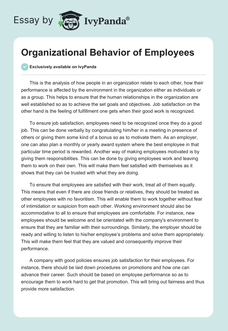 Organizational Behavior of Employees. Page 1