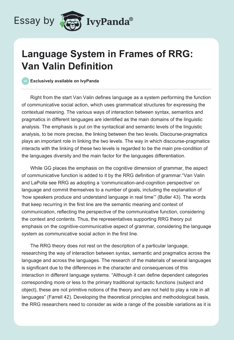 Language System in Frames of RRG: Van Valin Definition. Page 1