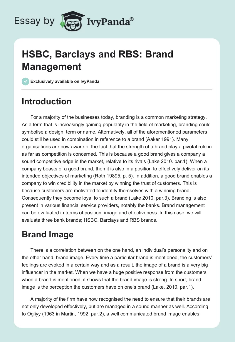 HSBC, Barclays and RBS: Brand Management. Page 1