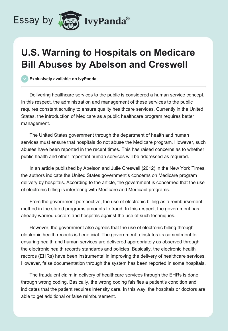 "U.S. Warning to Hospitals on Medicare Bill Abuses" by Abelson and Creswell. Page 1