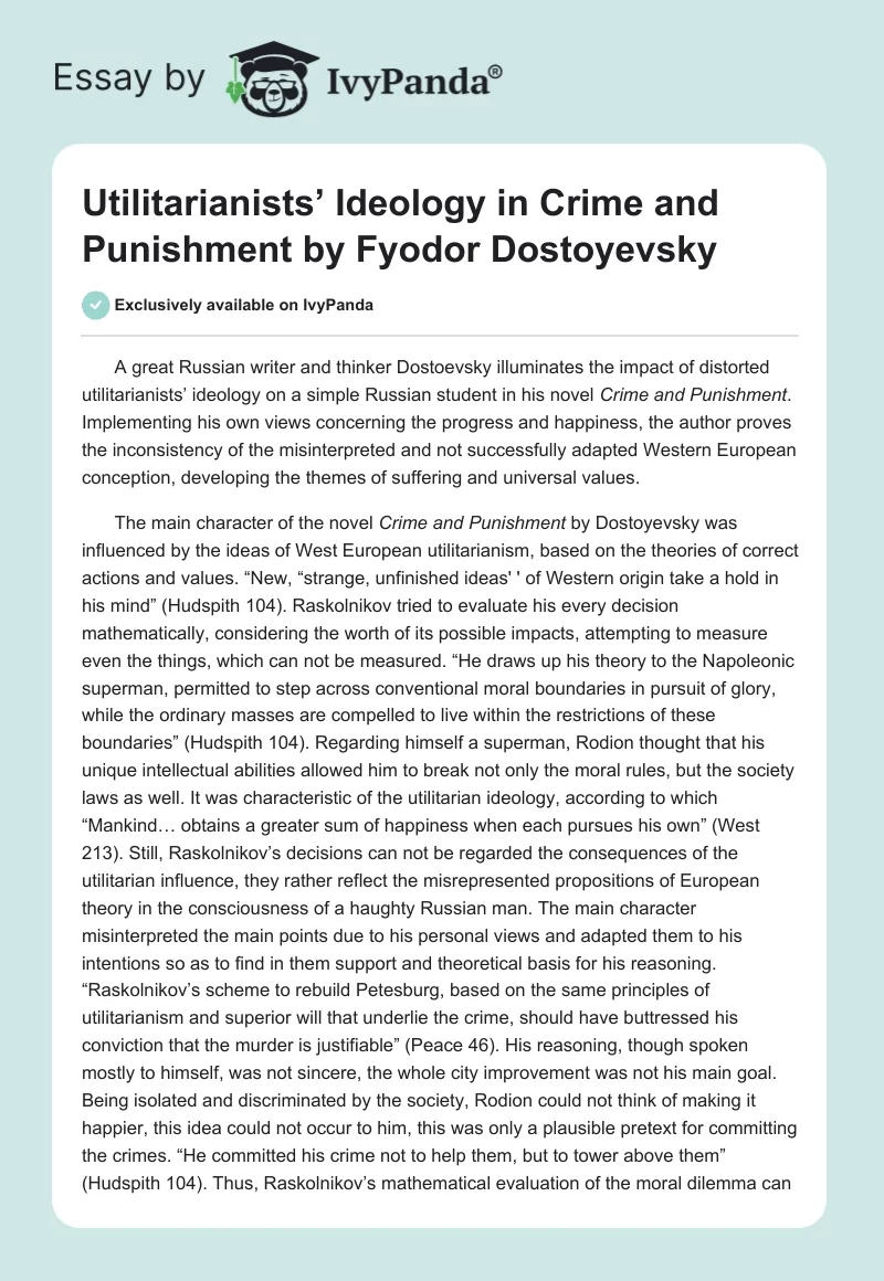 Utilitarianists’ Ideology in "Crime and Punishment" by Fyodor Dostoyevsky. Page 1