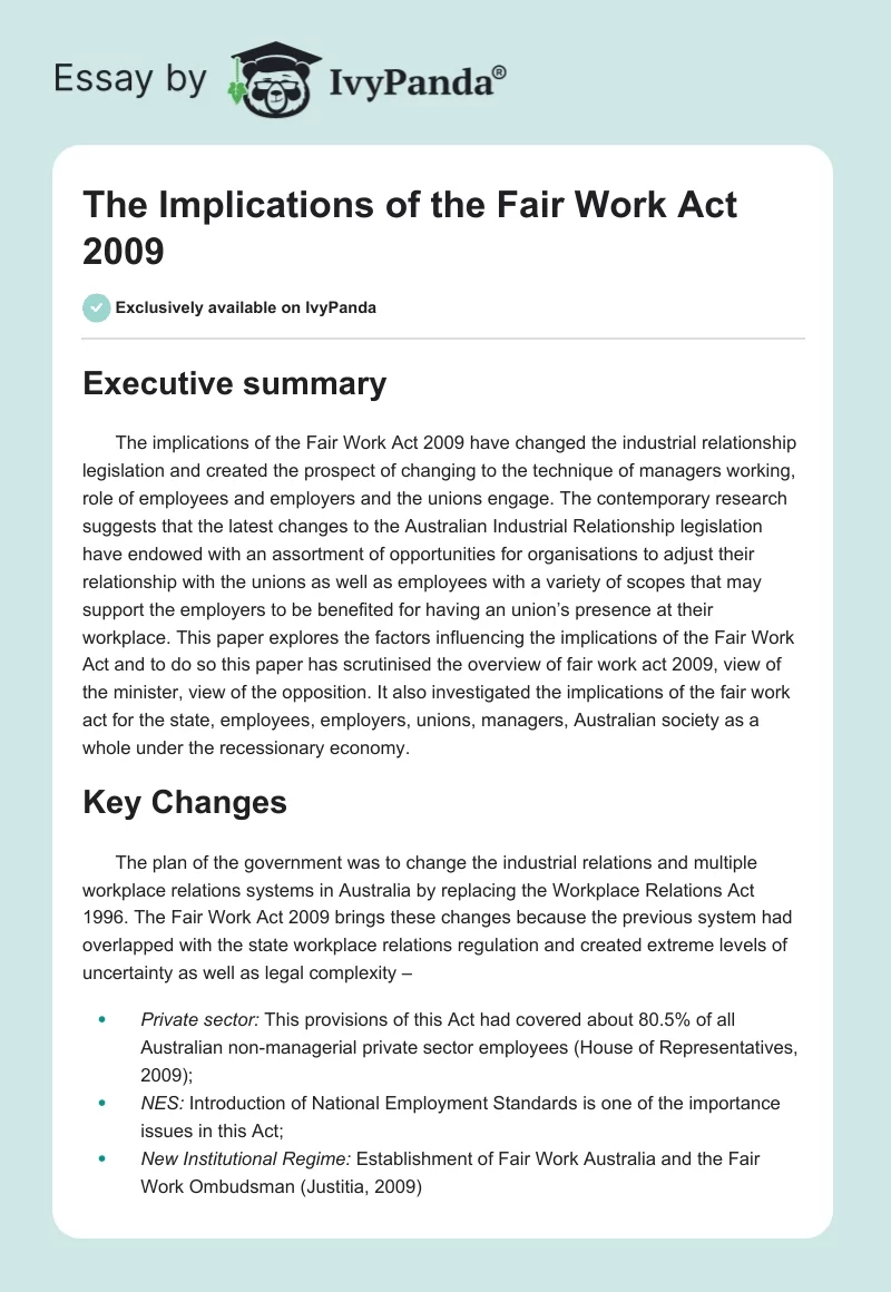 The Implications of the Fair Work Act 2009. Page 1