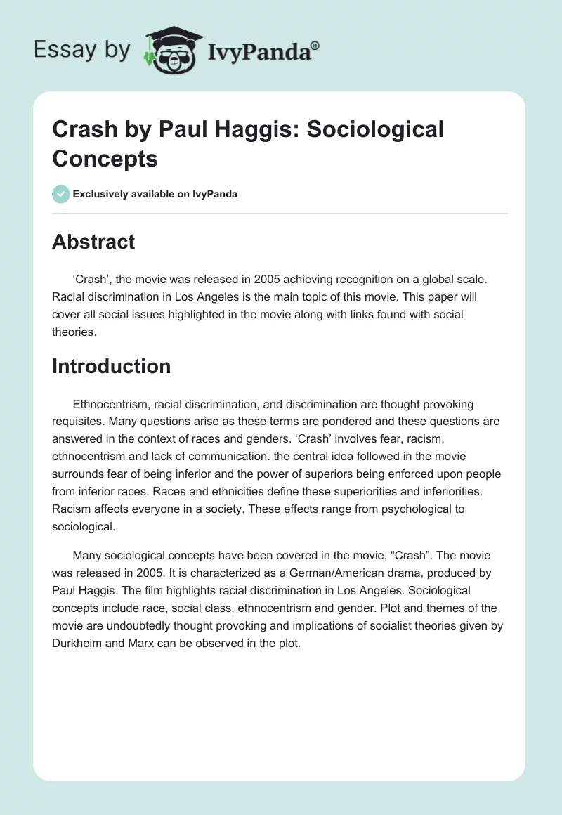 "Crash" by Paul Haggis: Sociological Concepts. Page 1