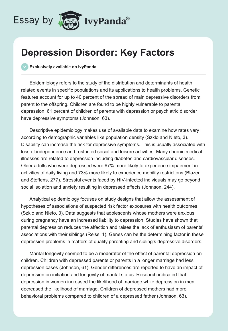 Depression Disorder: Key Factors. Page 1