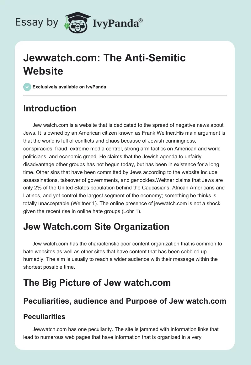 Jewwatch.com: The Anti-Semitic Website. Page 1