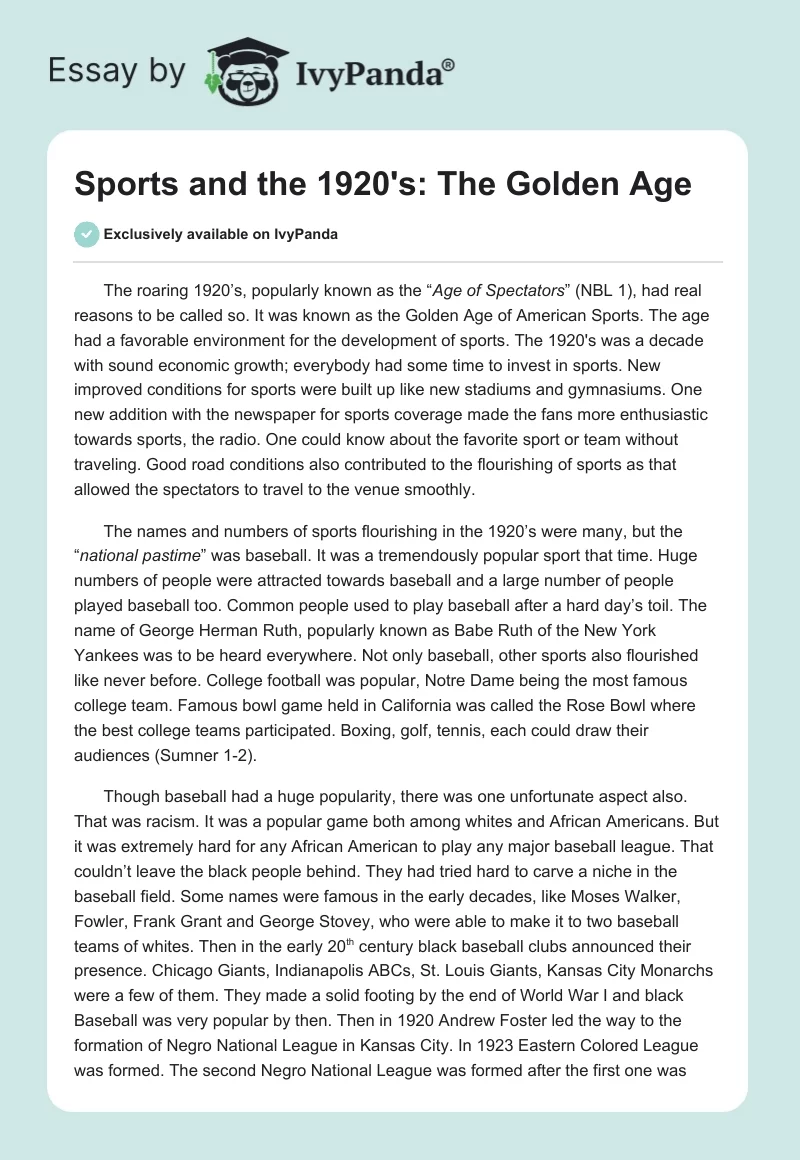 Sports and the 1920's: The Golden Age. Page 1