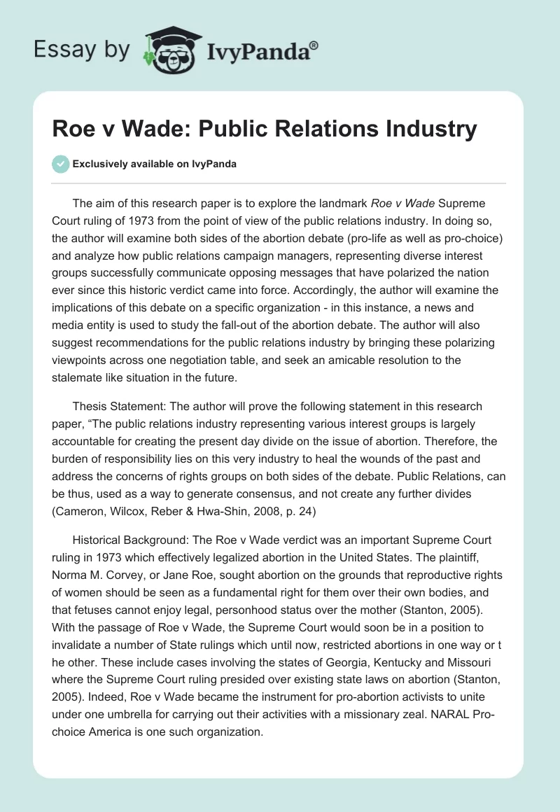 Roe v Wade: Public Relations Industry. Page 1