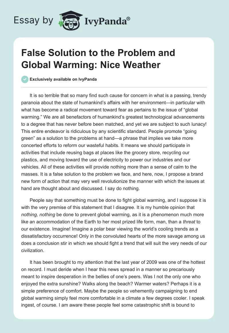False Solution to the Problem and Global Warming: Nice Weather. Page 1