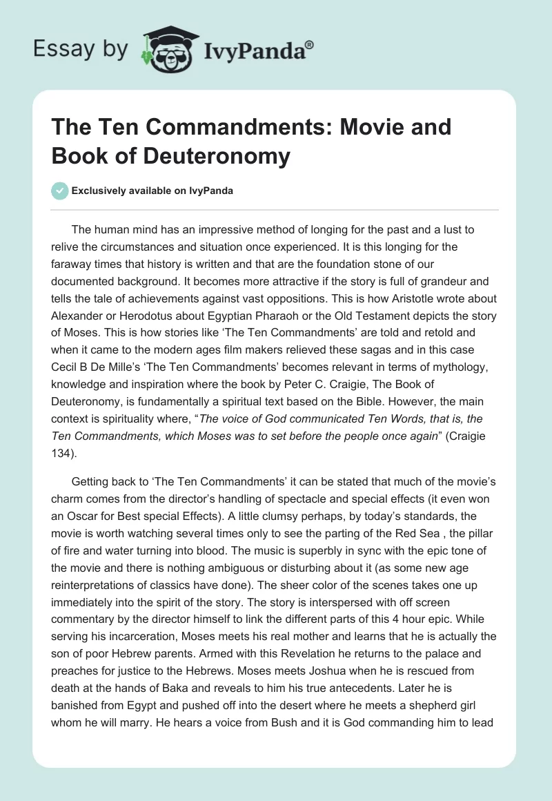 "The Ten Commandments": Movie and Book of Deuteronomy. Page 1