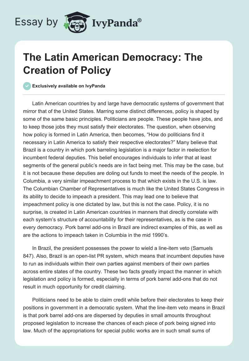 The Latin American Democracy: The Creation of Policy. Page 1