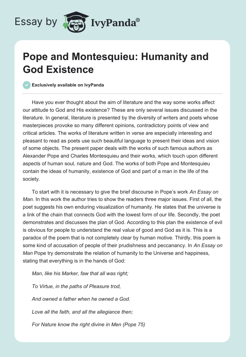 Pope and Montesquieu: Humanity and God Existence. Page 1