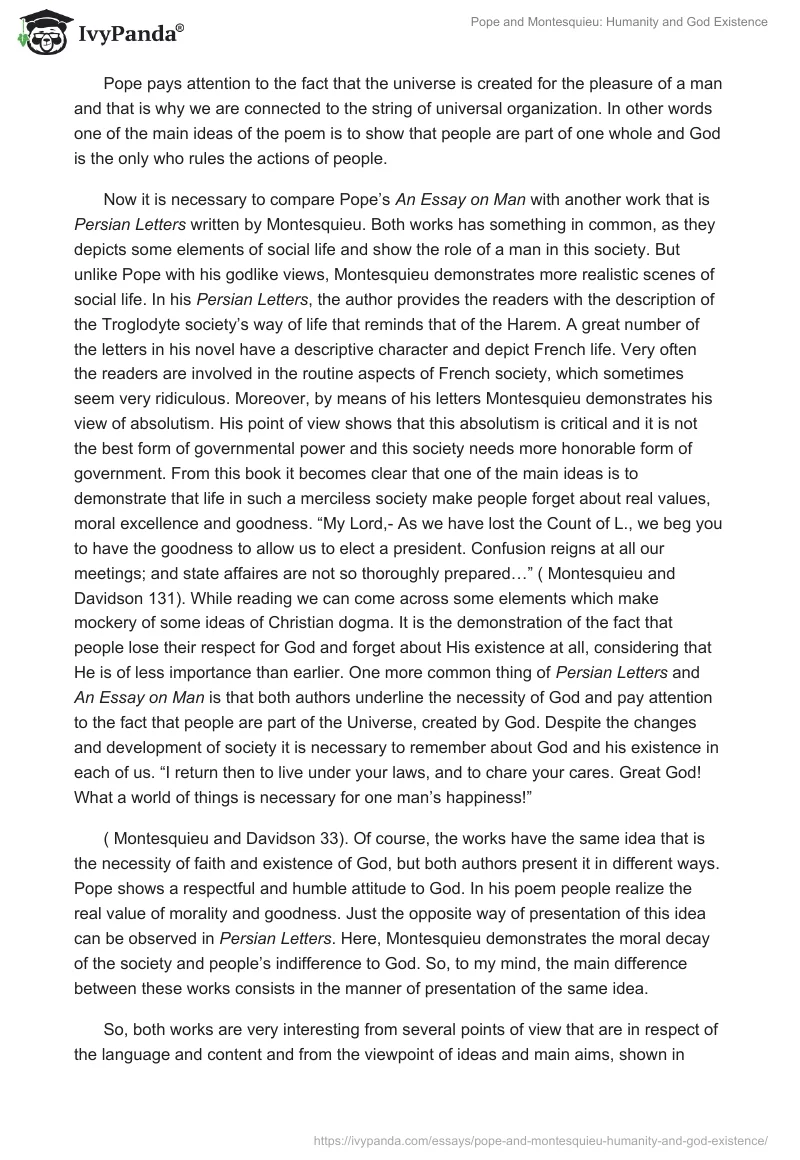 Pope and Montesquieu: Humanity and God Existence. Page 2