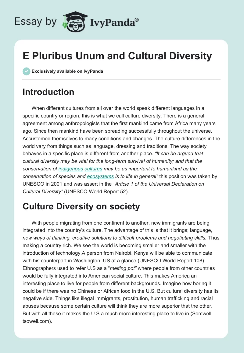 E Pluribus Unum and Cultural Diversity. Page 1