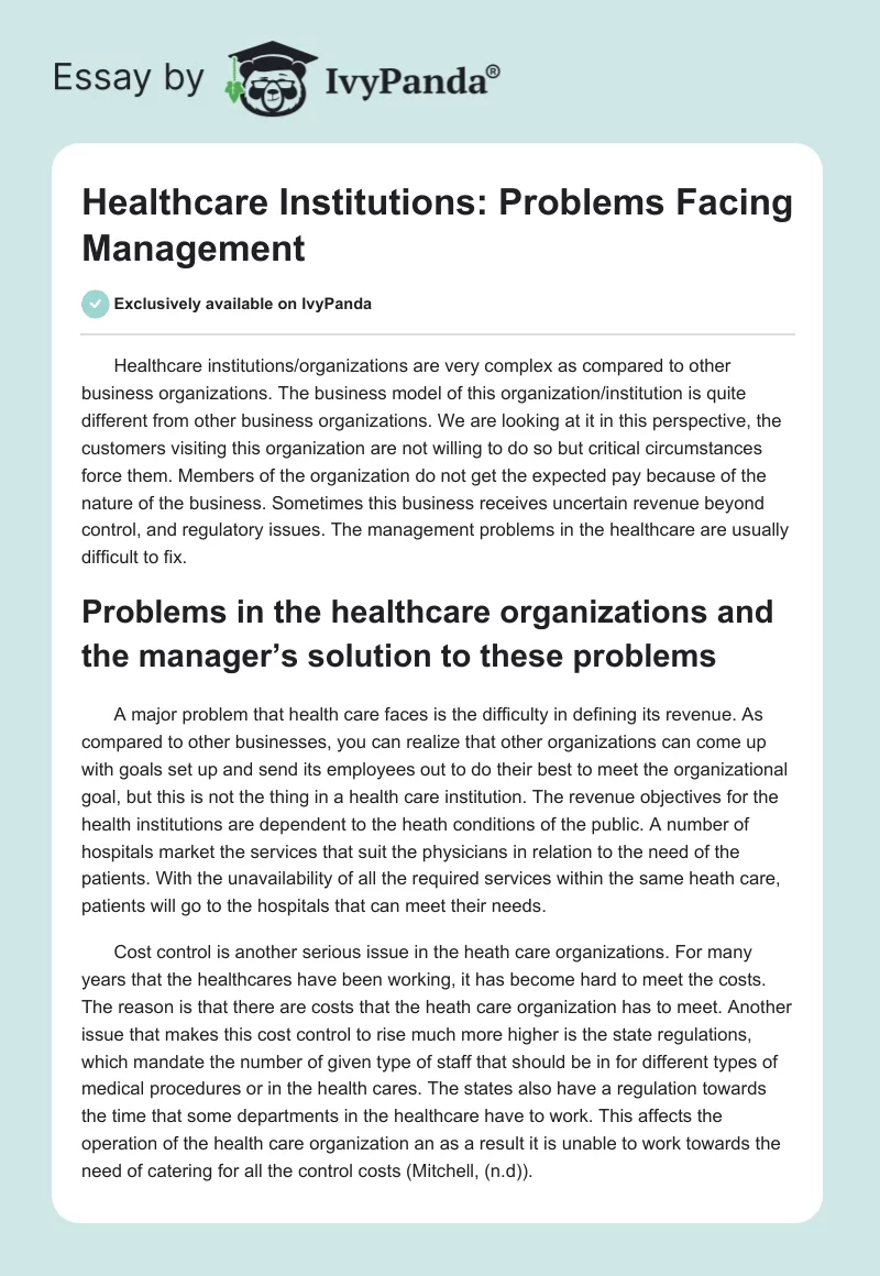 Healthcare Institutions: Problems Facing Management. Page 1
