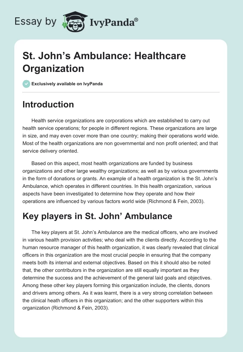 St. John’s Ambulance: Healthcare Organization. Page 1