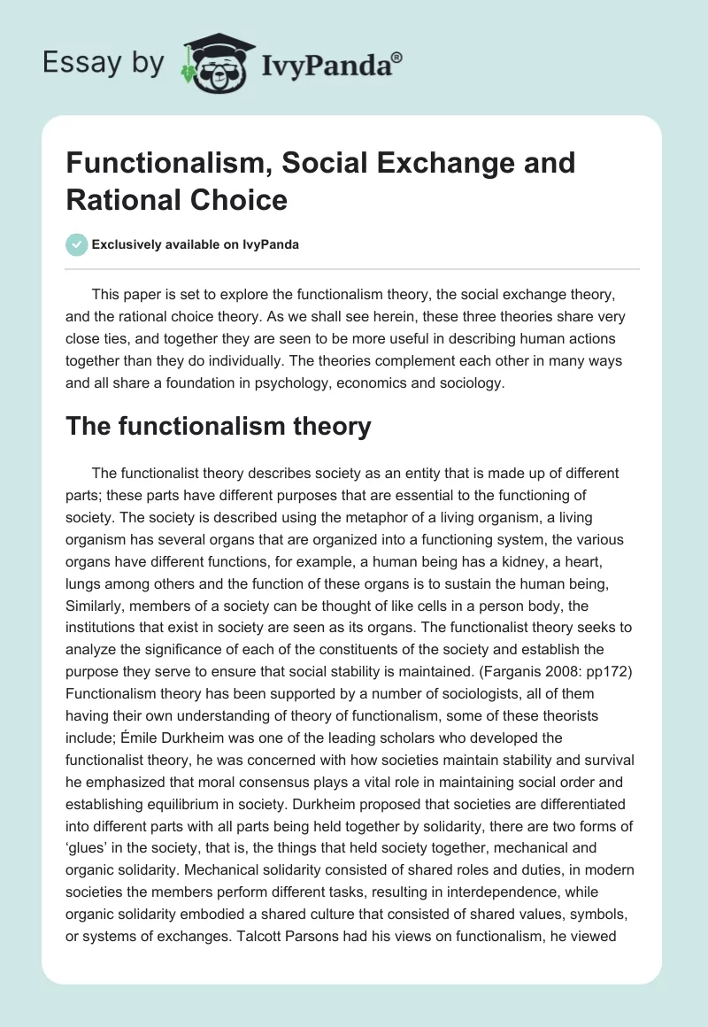 Functionalism, Social Exchange and Rational Choice. Page 1