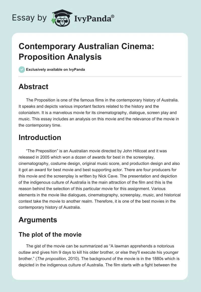 Contemporary Australian Cinema: "Proposition" Analysis. Page 1