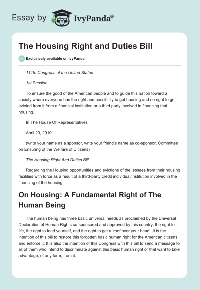 The Housing Right and Duties Bill. Page 1