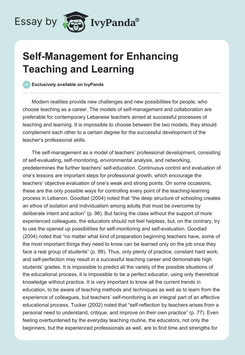 Self-Management for Enhancing Teaching and Learning. Page 1