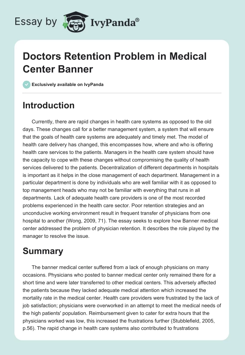 Doctors Retention Problem in Medical Center Banner. Page 1