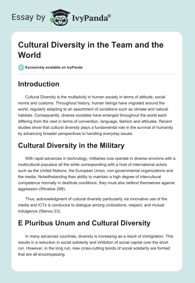 Cultural Diversity in the Team and the World. Page 1