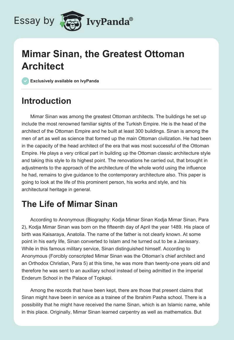 Mimar Sinan, the Greatest Ottoman Architect. Page 1