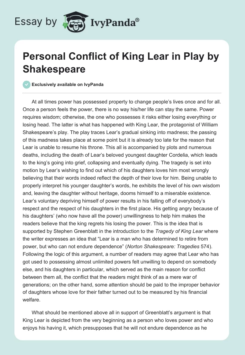 Personal Conflict of King Lear in Play by Shakespeare. Page 1